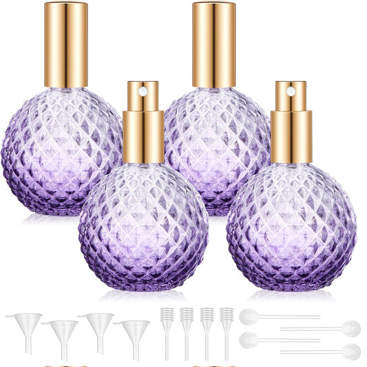Teenyyou 4 Pack Purple Vintage Perfume Bottles Empty Bulk, 3.4oz/100ml Refillable Glass Perfume Spray Bottles with Funnel Dropper Pump, Elegant Atomizer Set for Vanity Decor, Travel, Gift for Women