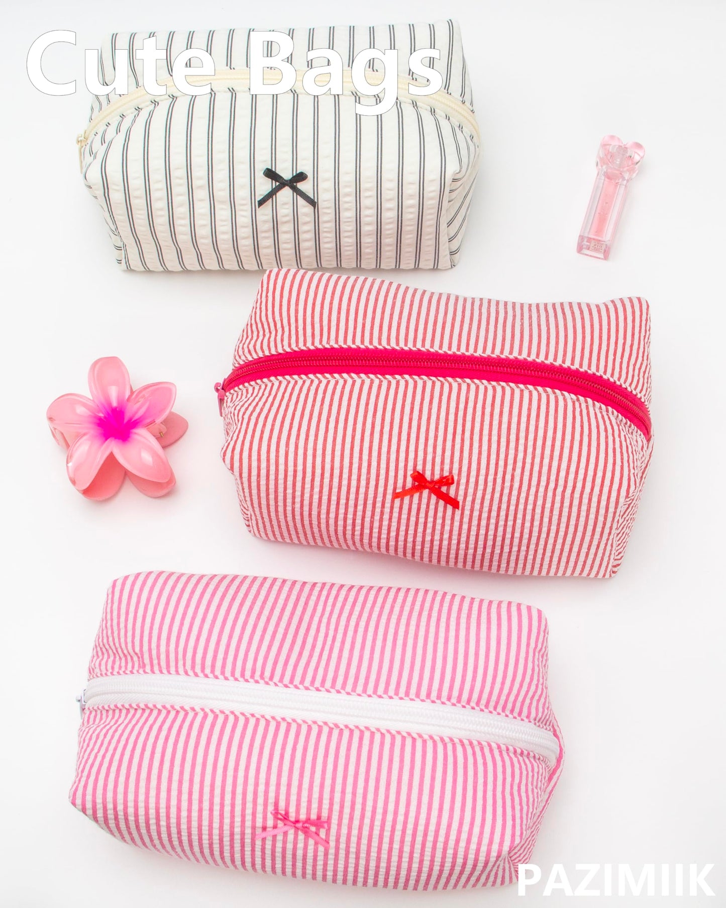PAZIMIIK 6PCS Cozy Makeup Bag Small Aesthetic Travel Zipper Cosmetic Pouch for Women Make Up Beauty Accessories Brushes, Stripe Red