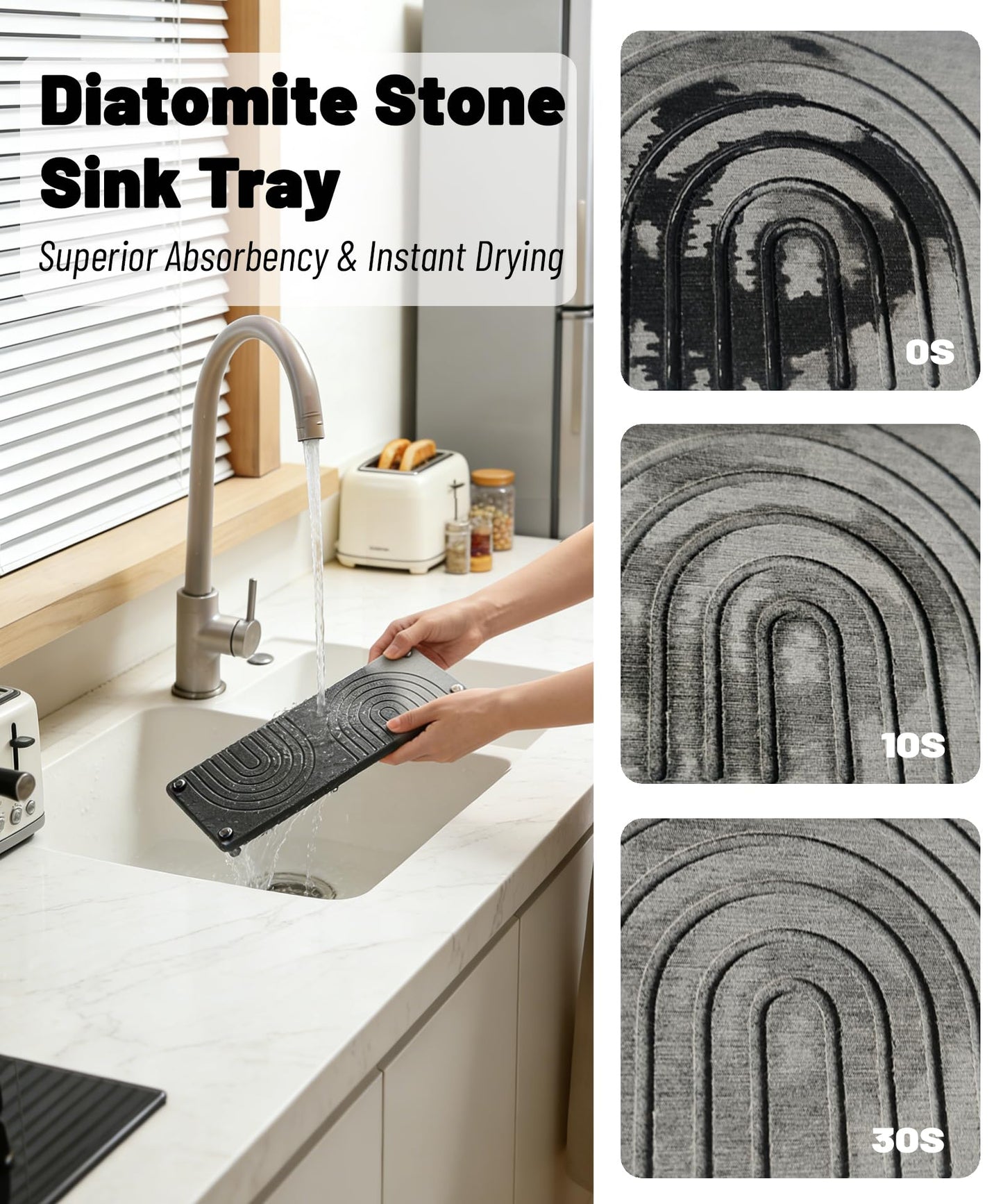 Diatomite Sink Tray - Zen Design Bathroom Counter Tray for Soap, Toothbrush & Skincare, Water Absorbing Stone Tray for Sink Fast Drying and Non-Slip (White)