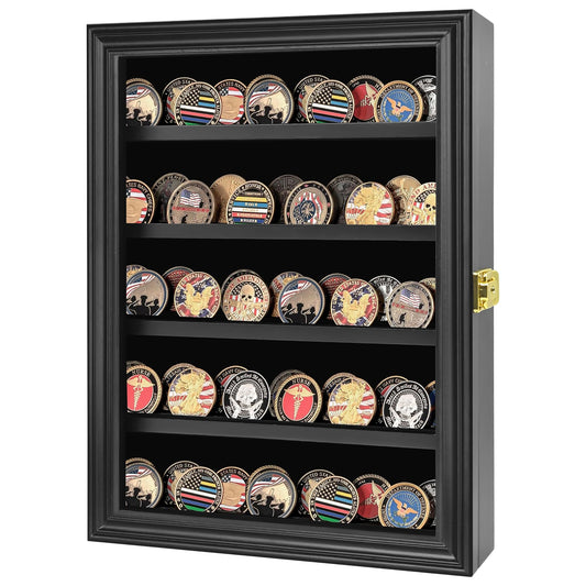 Military Challenge Coin Display Case Holder, Lockable Wooden Army Coins Display Box Cabinet with Anti Fade Acrylic Glass Door, Coin Stand Rack with Removable Shelves and Wall Mounted, Black