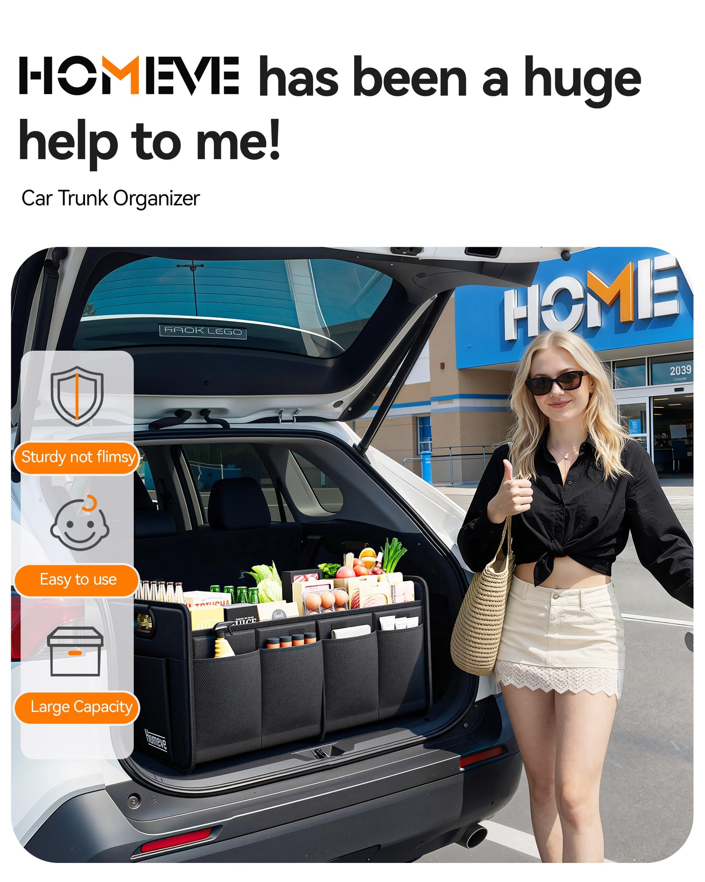 Homeve Car Trunk Organizer for SUV, 15.5Gal Large Capacity No-Sag Heavy Duty, Foldable Waterproof Anti-Slip Storage with 12 Pockets, Fit Sedan,Truck, Universal Car Accessories, Black, 2 Compart,Medium