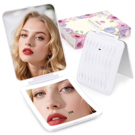 klarh 1X/10X Magnifying Makeup Mirror with 3 Colored Lights and Touch Control, 2700mAh Rechargeable LED Vanity Mirror for Home, Bathroom and Travel (Pearl White, with LED Lights)