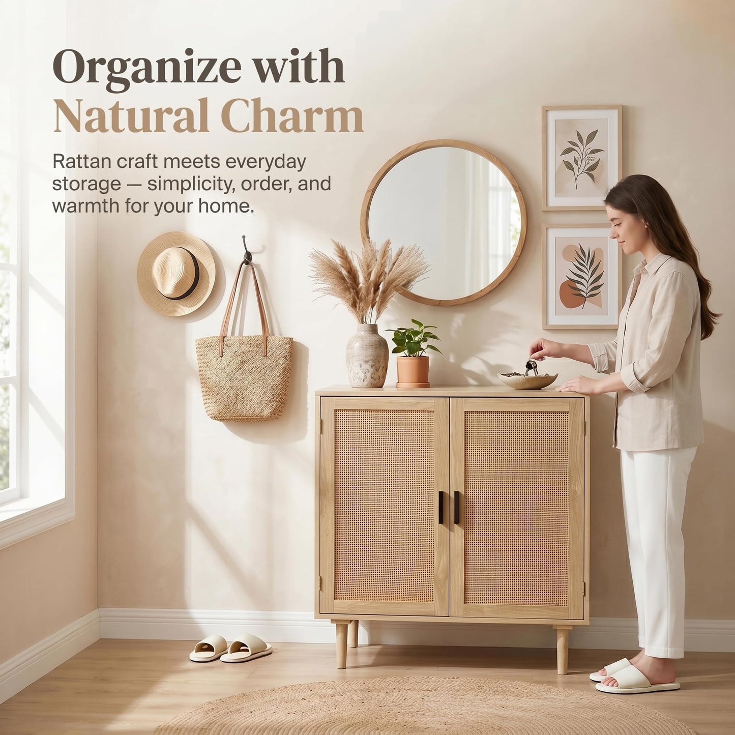 Finnhomy Sideboard Buffet Cabinet, Kitchen Storage Sideboard with Rattan Decorated Doors, Liquor Coffee Buffet, Dining Room, Hallway, Console Table, Accent Cabinet, 31.5X 15.8X 34.6 Inches, Natural