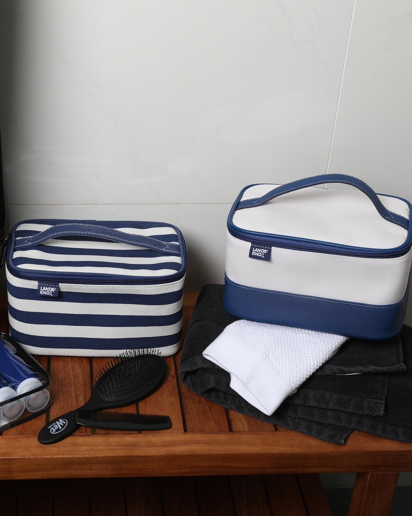 Lands' End Large Makeup Bag Train Case with 2 100 ML Plastic Travel Bottles, Soft-Sided Cosmetic Travel Bag (Navy)