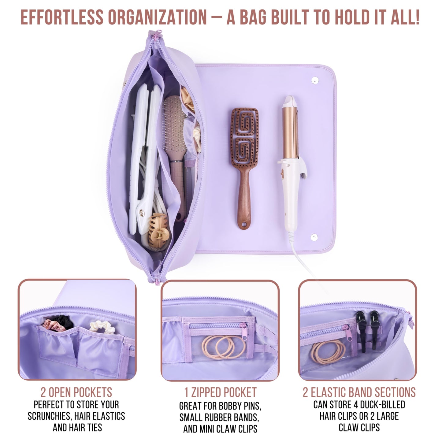 BAREFOOT CARIBOU Hair Tools Travel Bag and Heat Resistant Mat (15.5") for Flat Irons, Straighteners, Curling Iron, and Haircare Accessories, 2-in-1 design, Interior Pockets, Portable Organizer (Lilac)