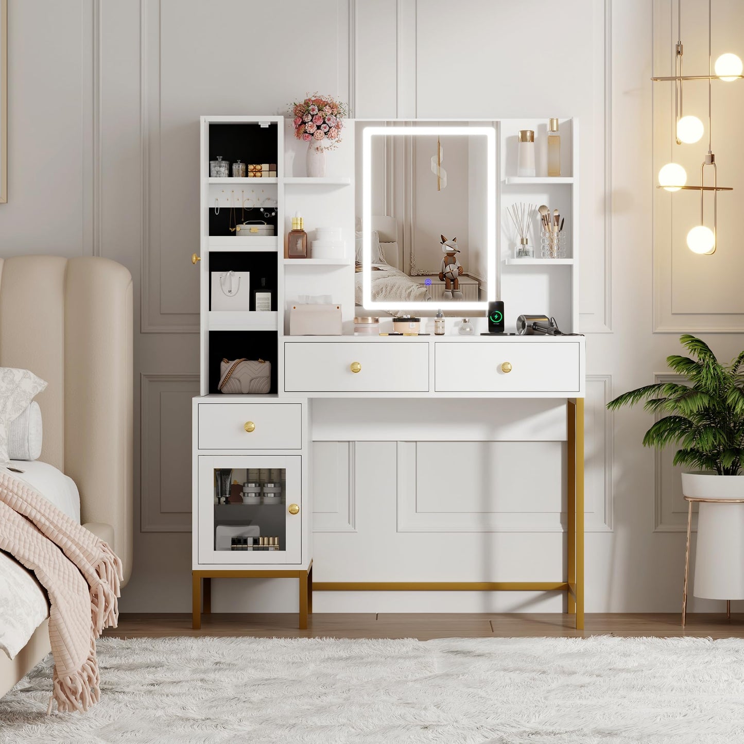Garvee Vanity Desk with Mirror and Lights, Makeup Vanity with Jewelry Storage Cabinet & Charging Station, LED Lighted Makeup Table with Divided Drawers for Bedroom, White