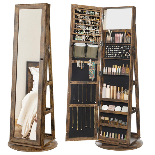 SONGMICS 360° Swivel Jewelry Cabinet, Lockable Jewelry Organizer with Full-Length Mirror, Rear Storage Shelves, Interior Mirror, Jewelry Armoire, Gift Idea, Rustic Brown UJJC006X01