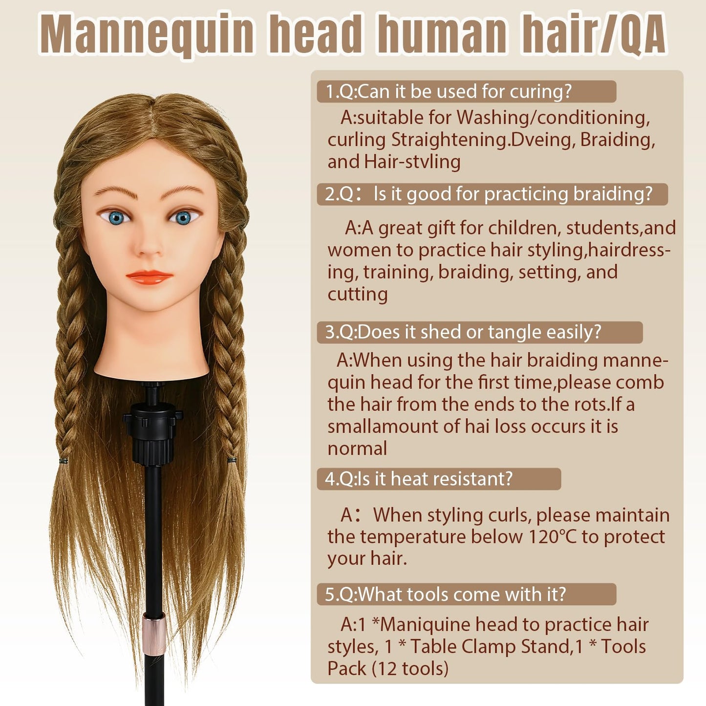 Mannequin Head with 100% Human Hair,22''Real Hair Cosmetology Mannequin Manikin Head Hair Styling Hairdressing Practice Training Doll Head Hairs with Clamp Holder and Tools(Light Brown Blue Eyes)