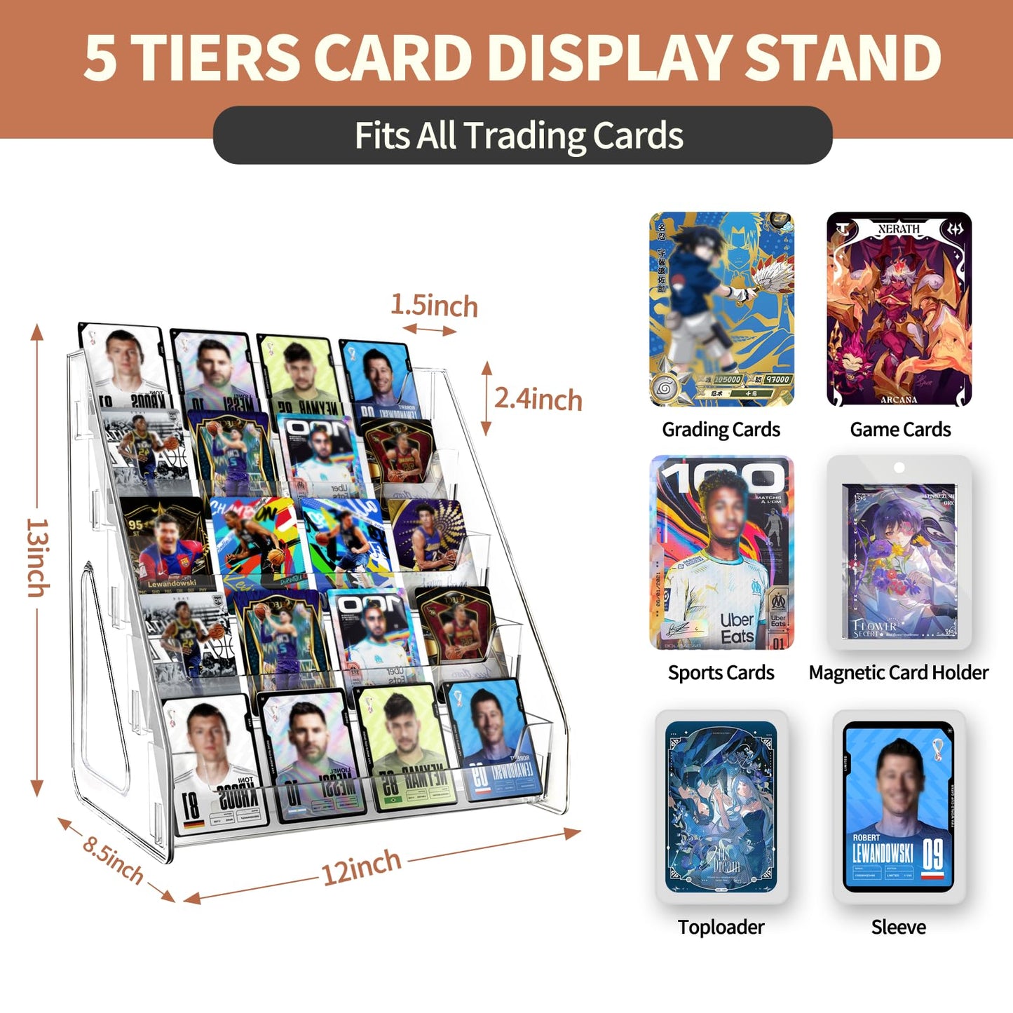 DUNPUTE 5 & 7 Tier Trading Card Display Stand, 12" Clear Acrylic Card Stands for Display, versatile Card Stands for Sports Cards, Graded & Greeting Cards, Postcards, Vendor Stickers, with Snap-On Assembly (Tall 5 Tier)