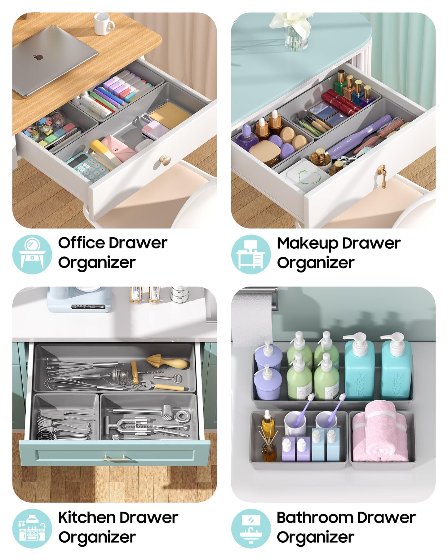 MLIKLU 10 Pack Large Size Plastic Drawer Organizers Set, 3 Sizes Desk Drawer Organizer Trays, Storage Bins for Vanity, Makeup, Bathroom, Kitchen Utensils and Office (Gray)