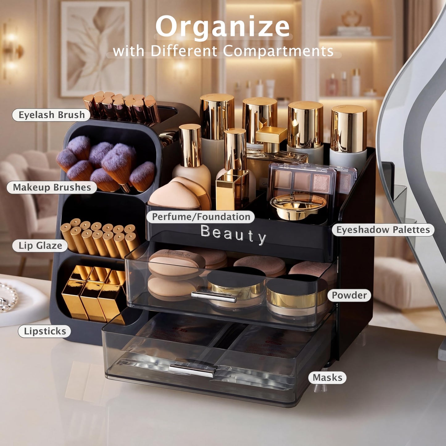 SYFIS Makeup Organizer for Vanity with Brush Holder, Countertop Makeup organizer with Drawers for Skincare, Cosmetics, Perfumes, Eyeshadow Palettes, Spacious Cosmetic storage organizer