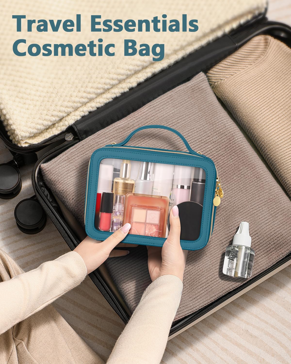Soimeat Clear Makeup Bag, Portable Travel Cosmetic Bags, Multipurpose Leather Toiletry Bag with Zipper, Waterproof Transparent Cosmetic Organizer for Women, Medium, Blue