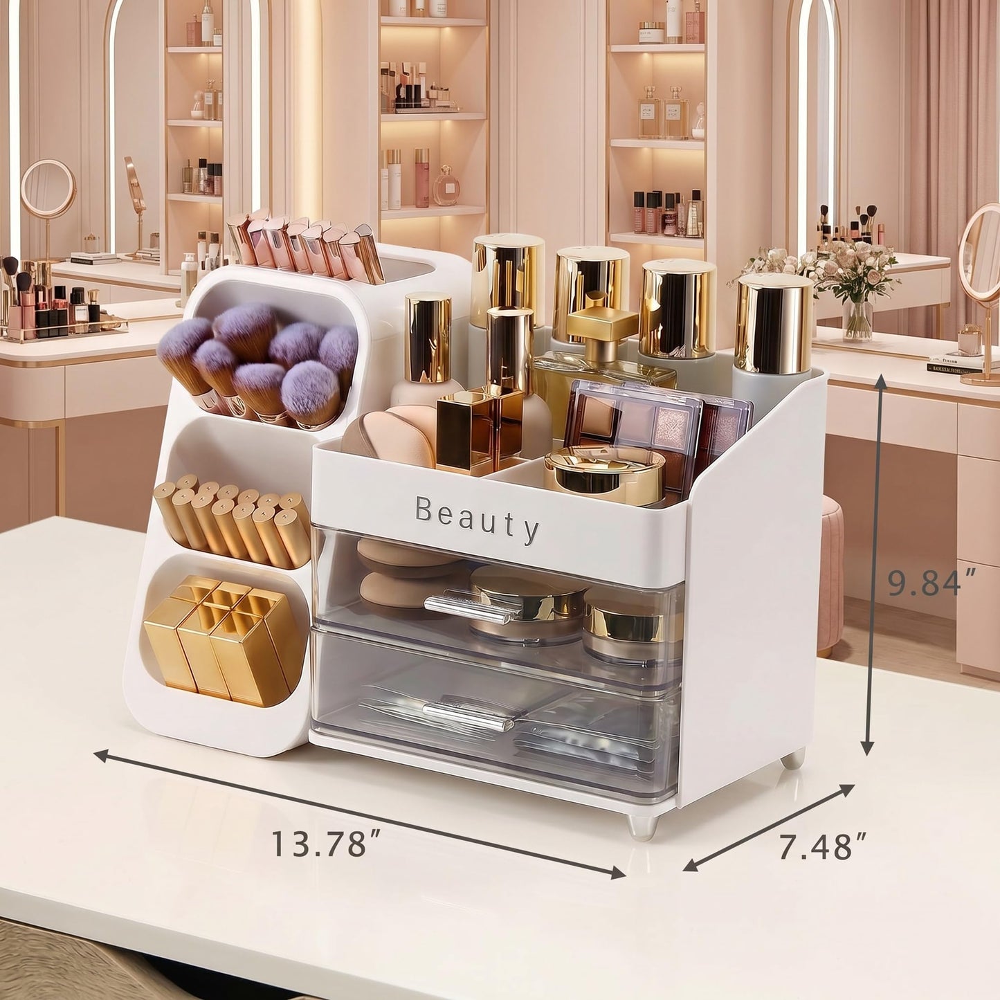SYFIS Makeup Organizer for Vanity with Brush Holder, Countertop Makeup organizer with Drawers for Skincare, Cosmetics, Perfumes, Eyeshadow Palettes, Spacious Cosmetic storage organizer