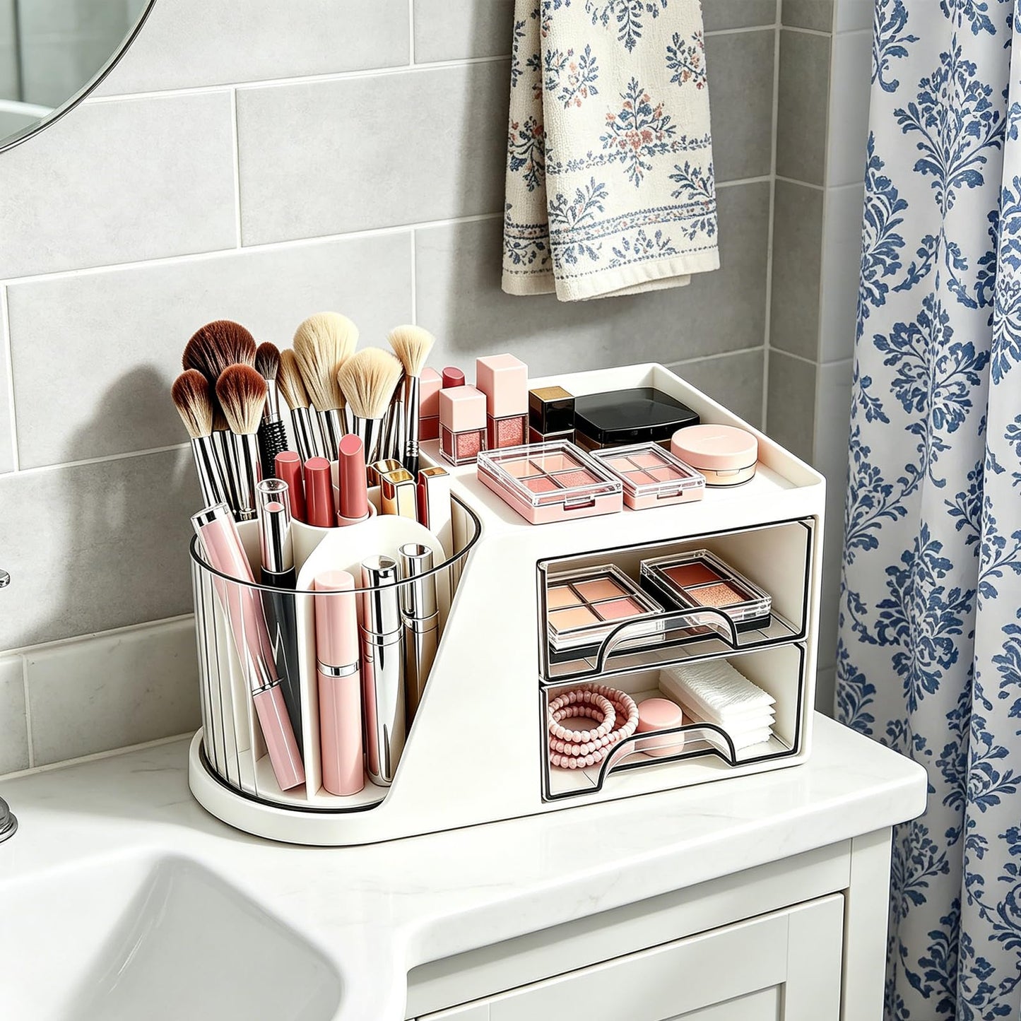 Neehows Makeup Organizer with 360°Rotating Brush Holder, Small Plastic Cosmetic Display Case with 2 Drawers for Make up Brushes Eyeshadow Lipstick Vanity Desktop Bathroom - White