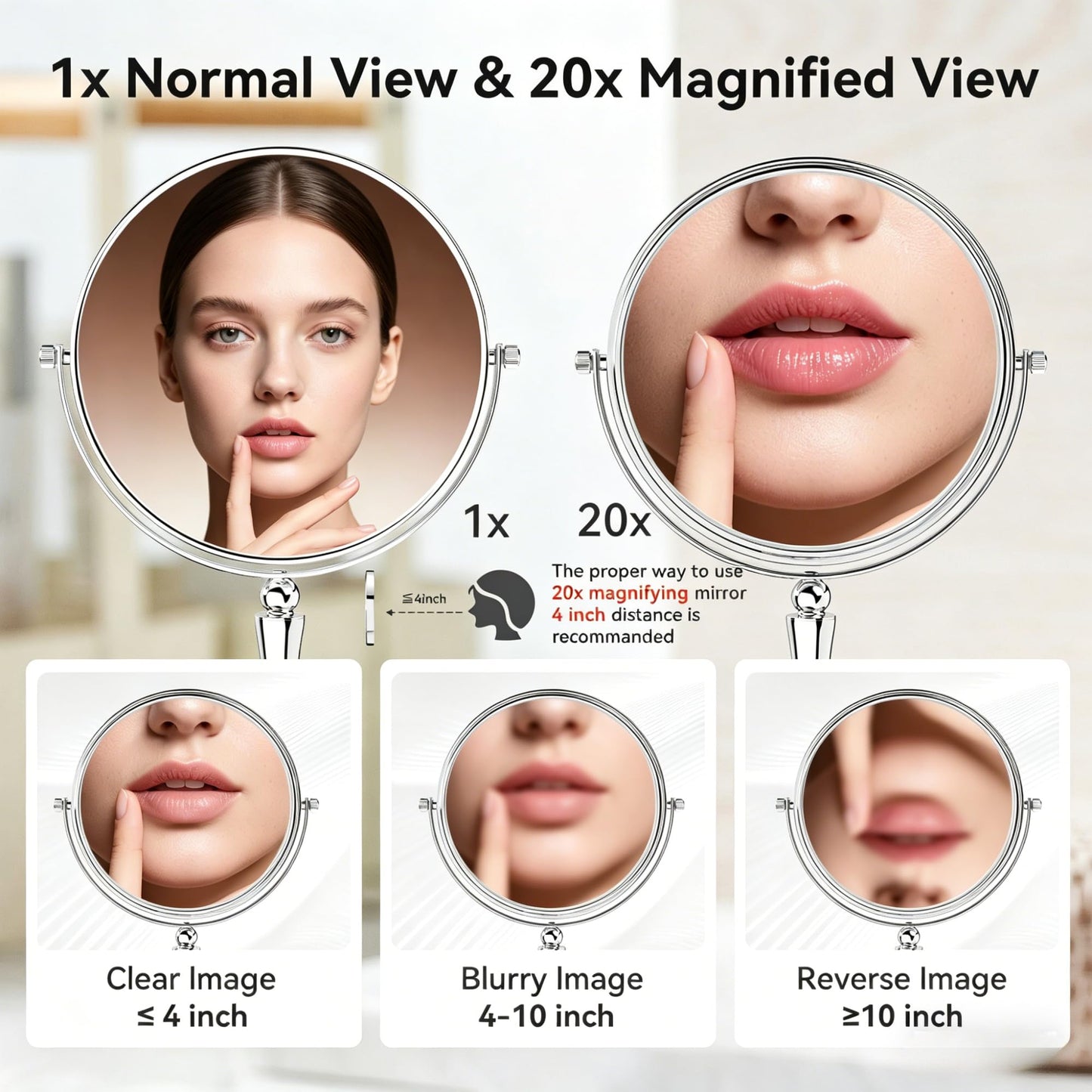 GURUN 8-inch Tabletop Makeup Mirror, 1X/20X Magnifying Vanity Mirror, 360° Rotation Dual-Sided Makeup Mirror, Ideal for Women Mom Chrome Finish M2310(8in,20X)