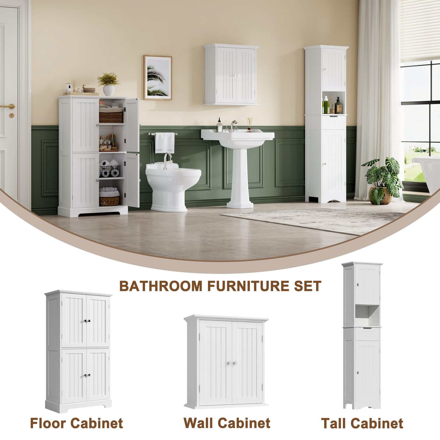 ChooChoo Bathroom Floor Cabinet, Modern Bathroom Storage Cabinet with 4 Doors and Adjustable Shelves, Freestanding Cupboard for Living Room, White