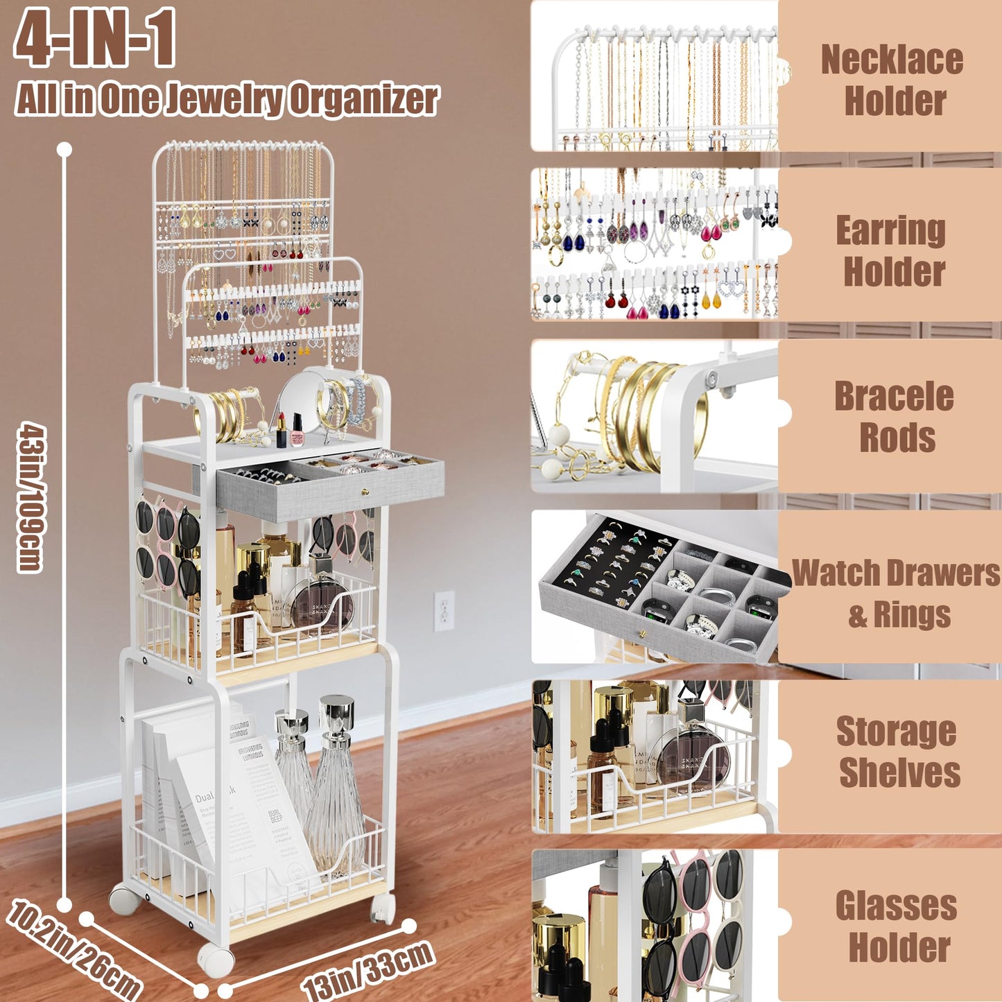 HMIEPRS Large Jewelry Organizer Stand with Box Drawer, Multifunctional Display Cases with Wheels, Armoire Jewelry Cabinet for Earring Necklace Ring Bracelet Makeup