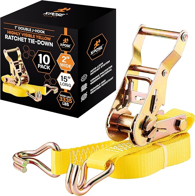Ratchet Straps Heavy Duty 2" x 15' – 10,000 lbs Break Strength Tie Down Straps with Double J Hooks, Ratcheting Cargo Straps for Truck, Trailer, Kayak, Motorcycle & Moving – 10 Pack