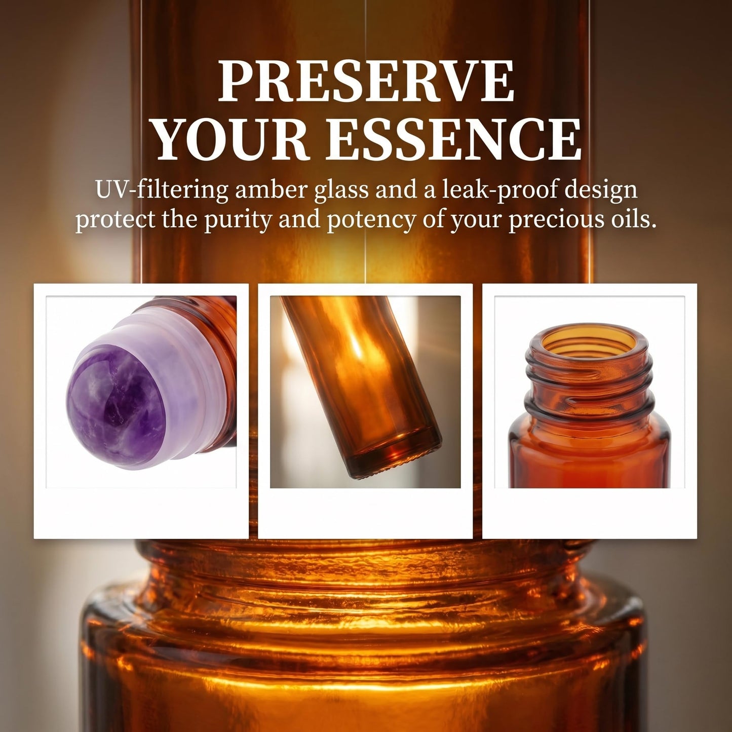 Roller Ball Applicator,Rose Quartz Roller Bottle,50ml Refillable Amber Glass Roll On Bottles with Natural Crystal Roller Balls,Leak-Proof Travel Perfume Bottle with Gold Caps (Purple)