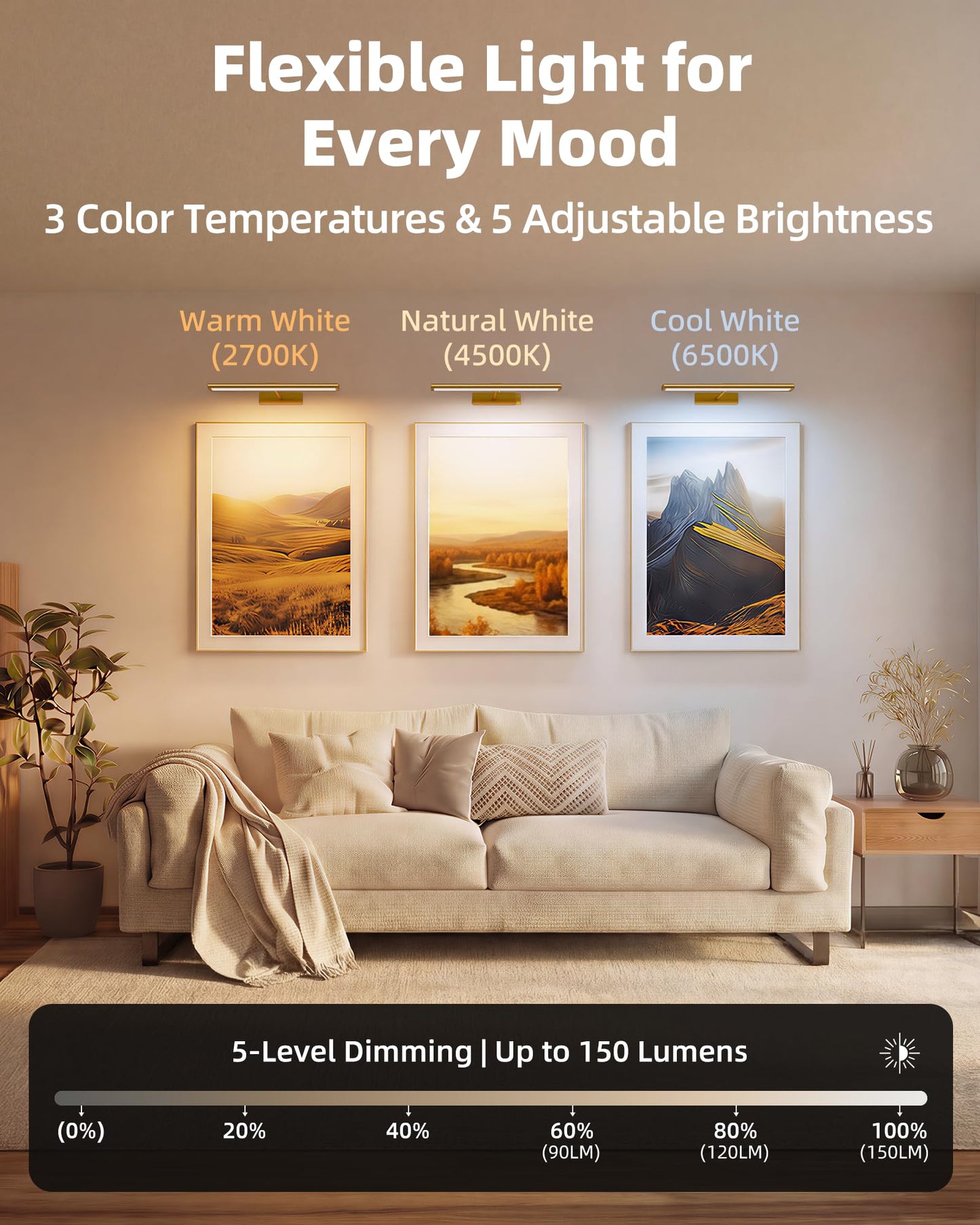 EZVALO Picture Light for Wall, 4800mAh Rechargeable Wireless Remote, 16‘’ Dimmable Magnetic LED Art Display Light with 3 Color Temperatures, for Gallery, Living Room, Bedroom, Hallway (Gold)