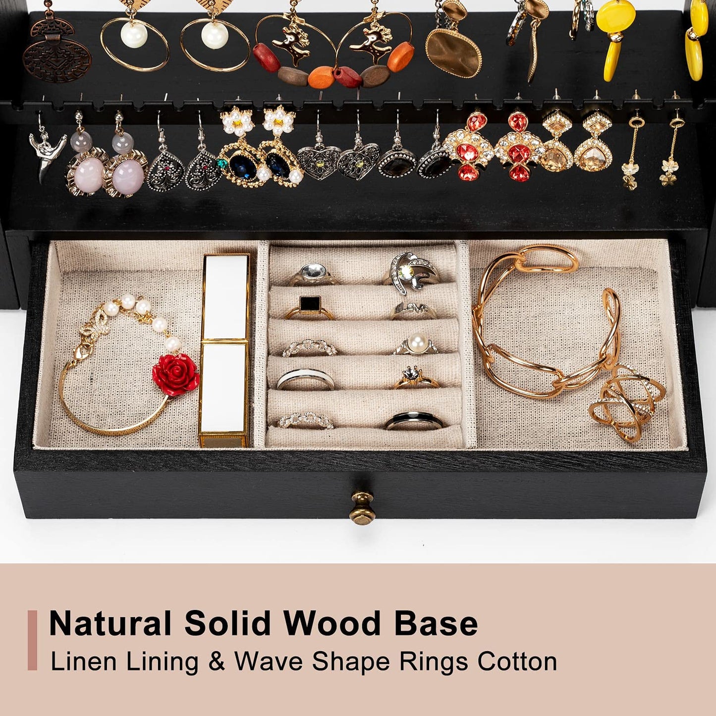 Pinzoveco Earring Organizer, 5 Layer Earring Holder Organizer with Metal Necklace Holder Pole, Rustic Wood Jewelry Organizer Stand Display for Stud Earring Bracelet Necklace Ring, 175 Earring Holes