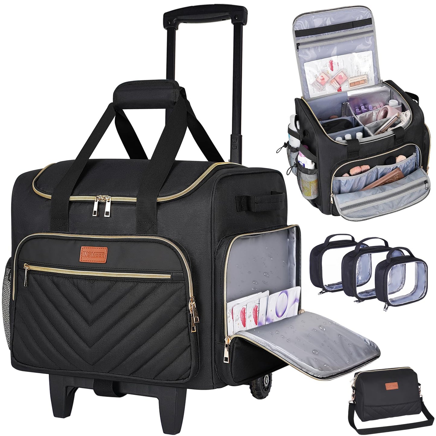 INSMEER Rolling Makeup Train Case with 3 Removable Clear Bags and 1 Shoulder Bag,Makeup Artist Hairstylists Bags Cosmetic Storage Organizer with Adjustable Dividers