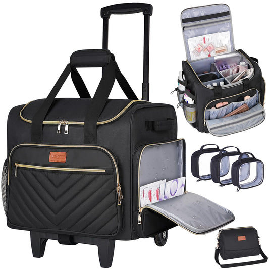 INSMEER Rolling Makeup Train Case with 3 Removable Clear Bags and 1 Shoulder Bag,Makeup Artist Hairstylists Bags Cosmetic Storage Organizer with Adjustable Dividers