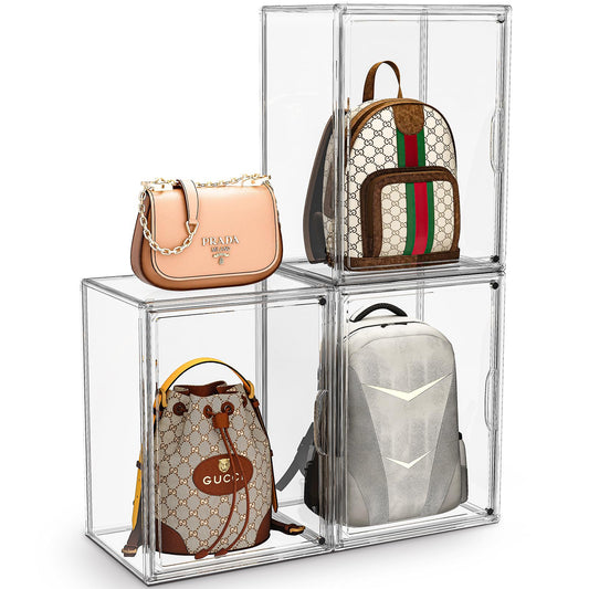 MSHOMELY Purse Storage Organizer for Closet 3 Packs Clear Handbag Storage Organizer Acrylic Display Case for Collectibles Stackable Bag Organizer with Magnetic Door for Backpack, Figure, XXX-Large