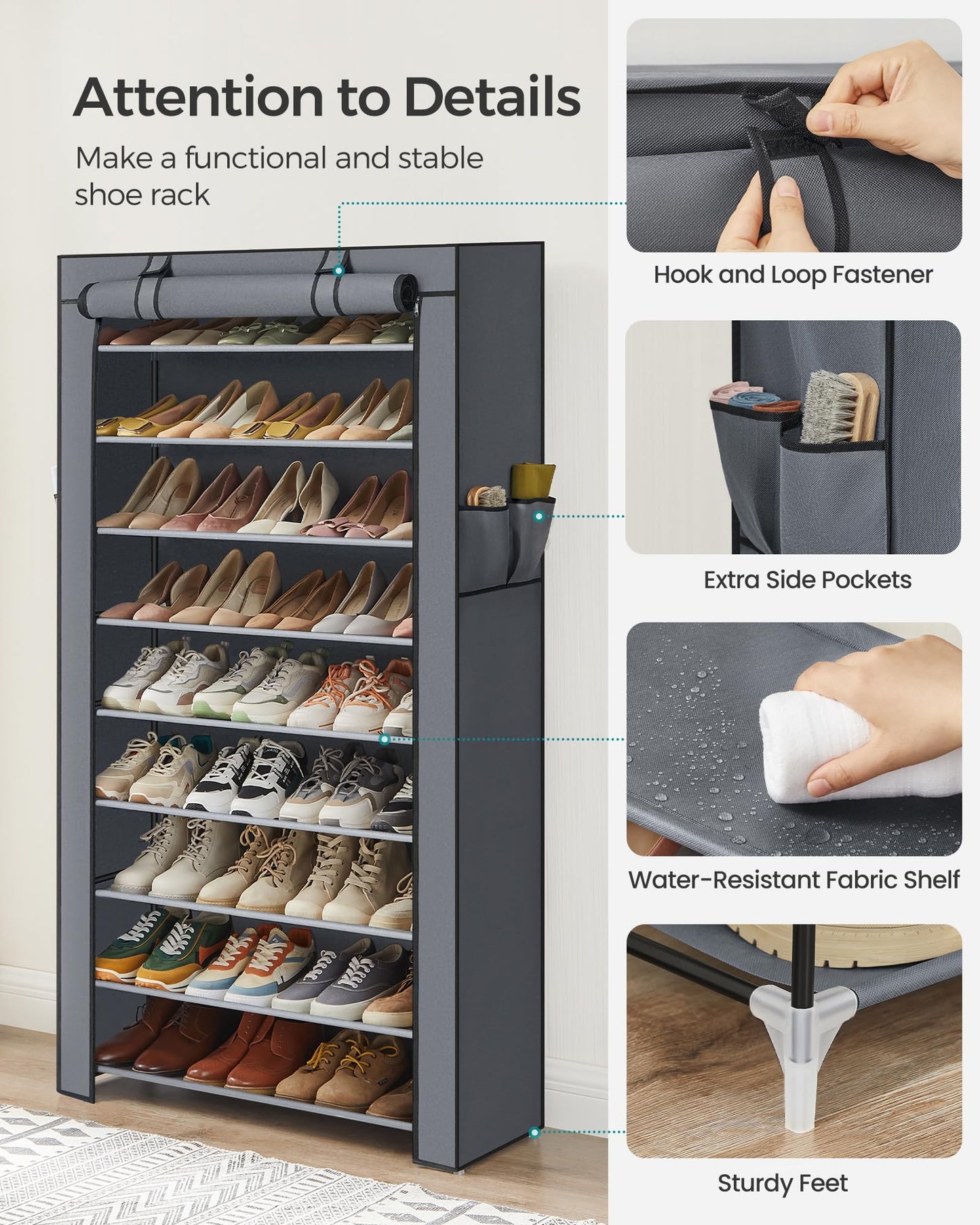 SONGMICS 10-Tier Shoe Rack, Shoe Storage Cabinet with Dustproof Cover, Free-Standing Shoe Storage Organizer for Closet, Entryway, Hold 40-50 Pairs of Shoes, for Sneakers, High Heels, Gray URXJ36G