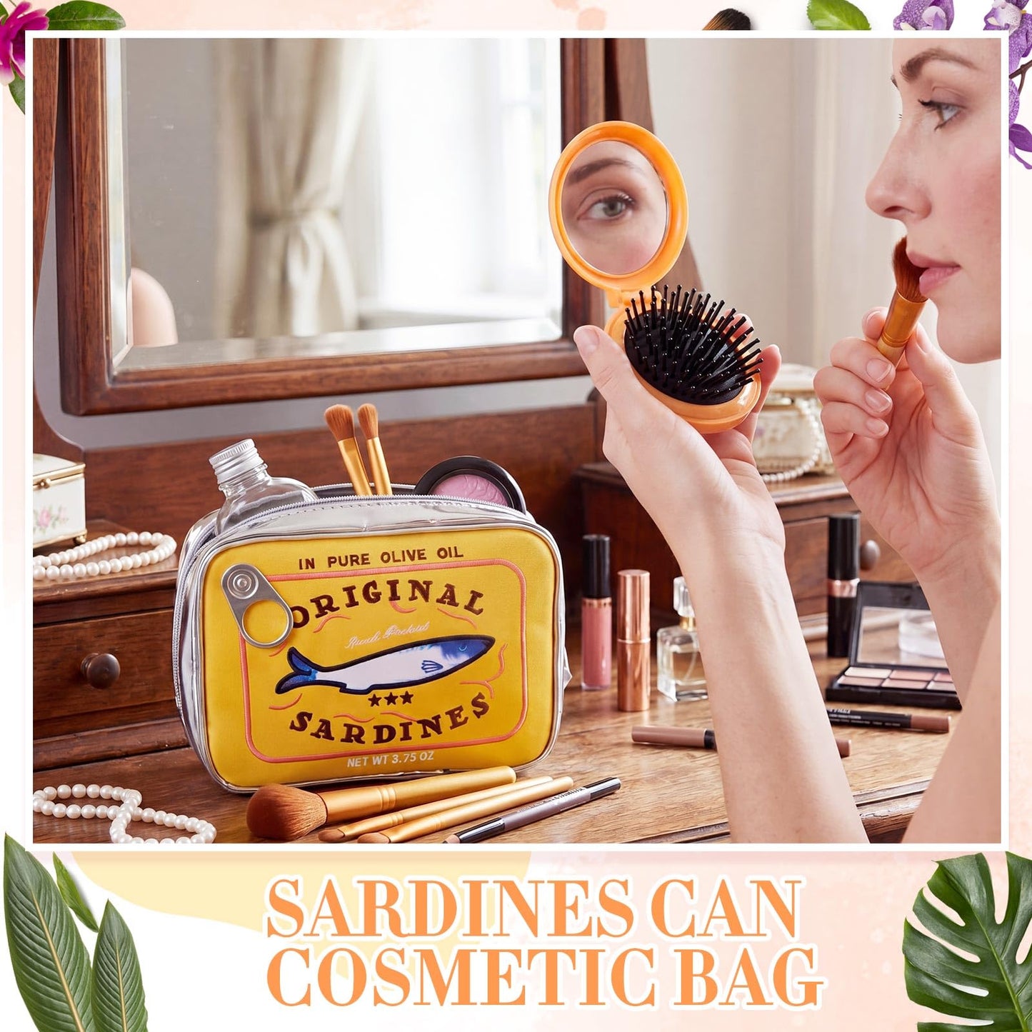 Reginary 2pcs Canned Sardines Makeup Bag + Mini Folding Hair Brush with Mirror, Tin Fish Kawaii Cosmetic Pouch, Cute Pencil Case, Waterproof Travel Toiletry Bag for Women, Party Favors, Gifts(Yellow)