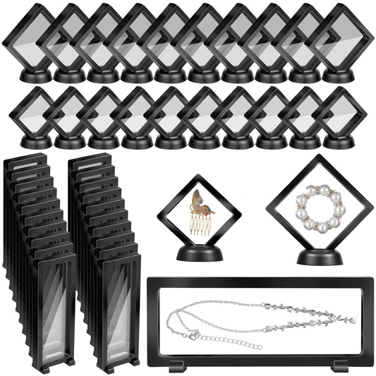 kenaeooe 30 Pcs Plastic 3D Floating Display Case, Transparent PE Frame Holder Stand With Base for Challenge Coins, Jewelry, Medallions and Specimens, Black
