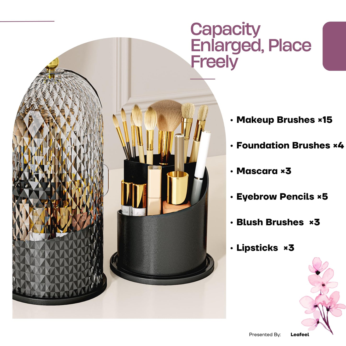 LEAFEEL LEFEEL Lumière Mini 360 Rotating Makeup Organizer with Lid, Diamond Cut Cosmetic Organizer - Dustproof Vanity Organizer for Makeup Brushes, Toothbrush & Bathroom Countertop （White