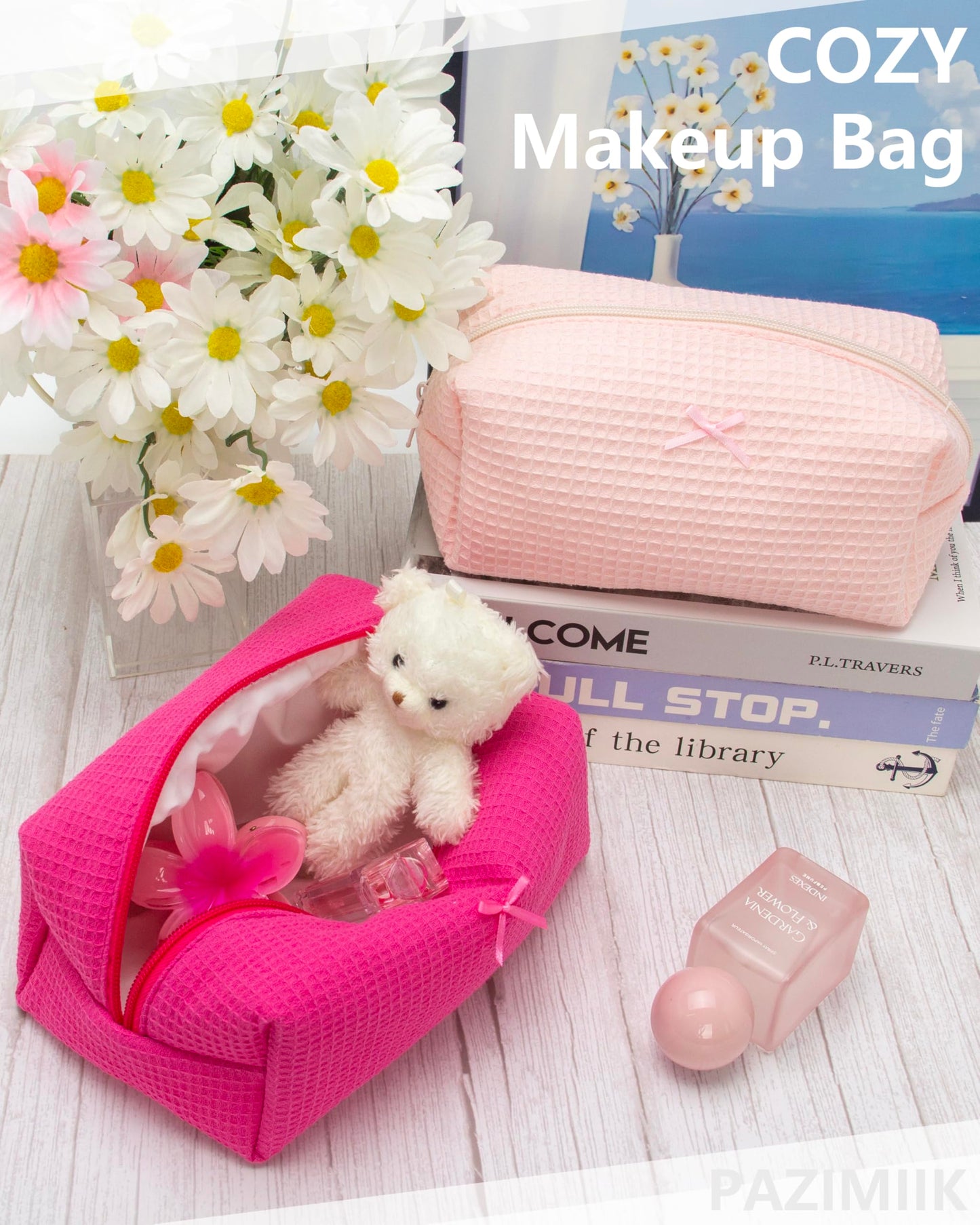 PAZIMIIK 6PCS Cozy Makeup Bag Travel Cosmetic Bag for Women Soft Toiletry Bag Aesthetic Makeup Organizer Portable Large Zipper Pouch for Skincare Beauty Accessories Brushes Waffle Hotpink