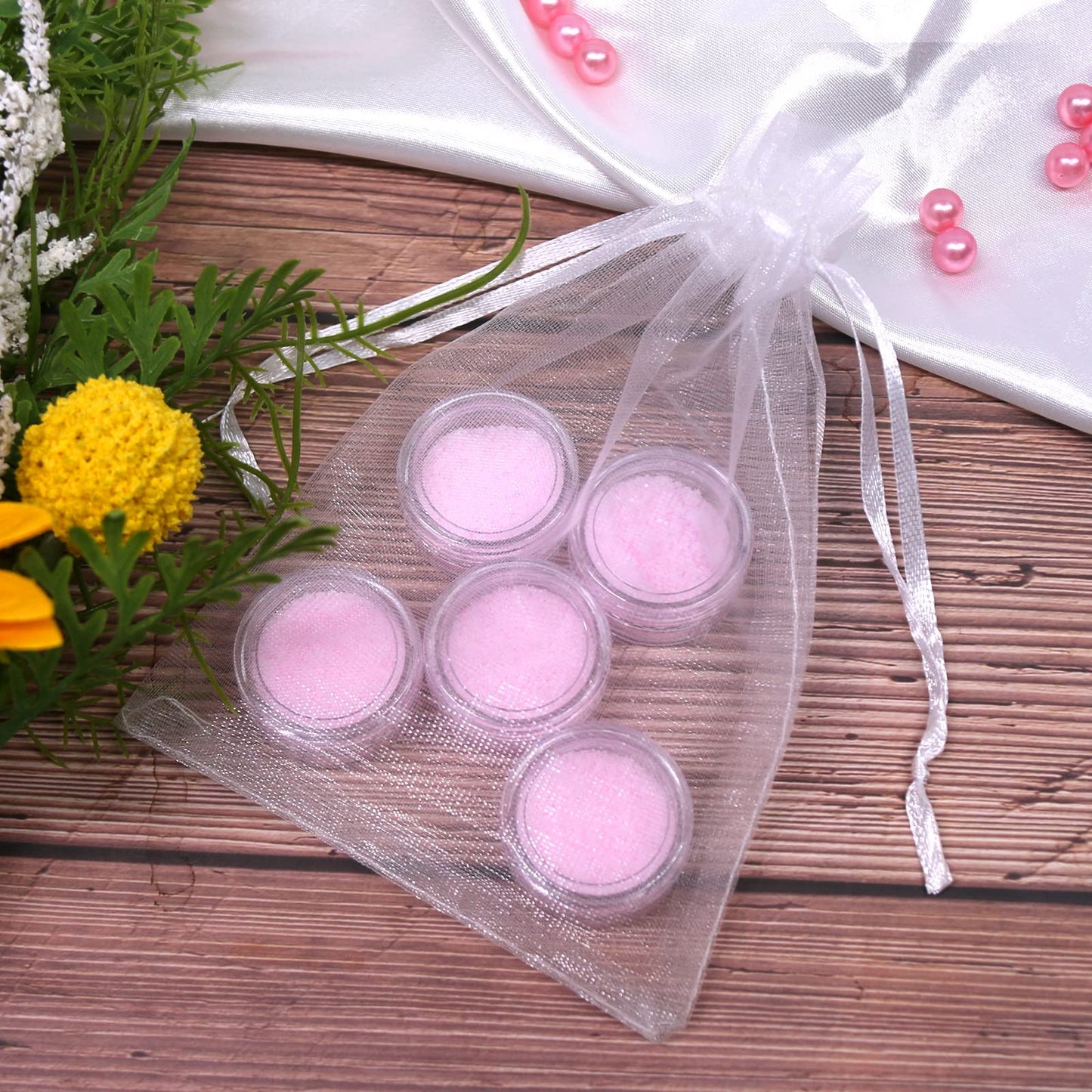 SumDirect 100Pcs 5G/5ML Clear Plastic Cosmetic Containers with Lids, Sample Jars, Makeup Sample Containers for Cream Lotion with a Scoop and 10 Pcs Organza Bags