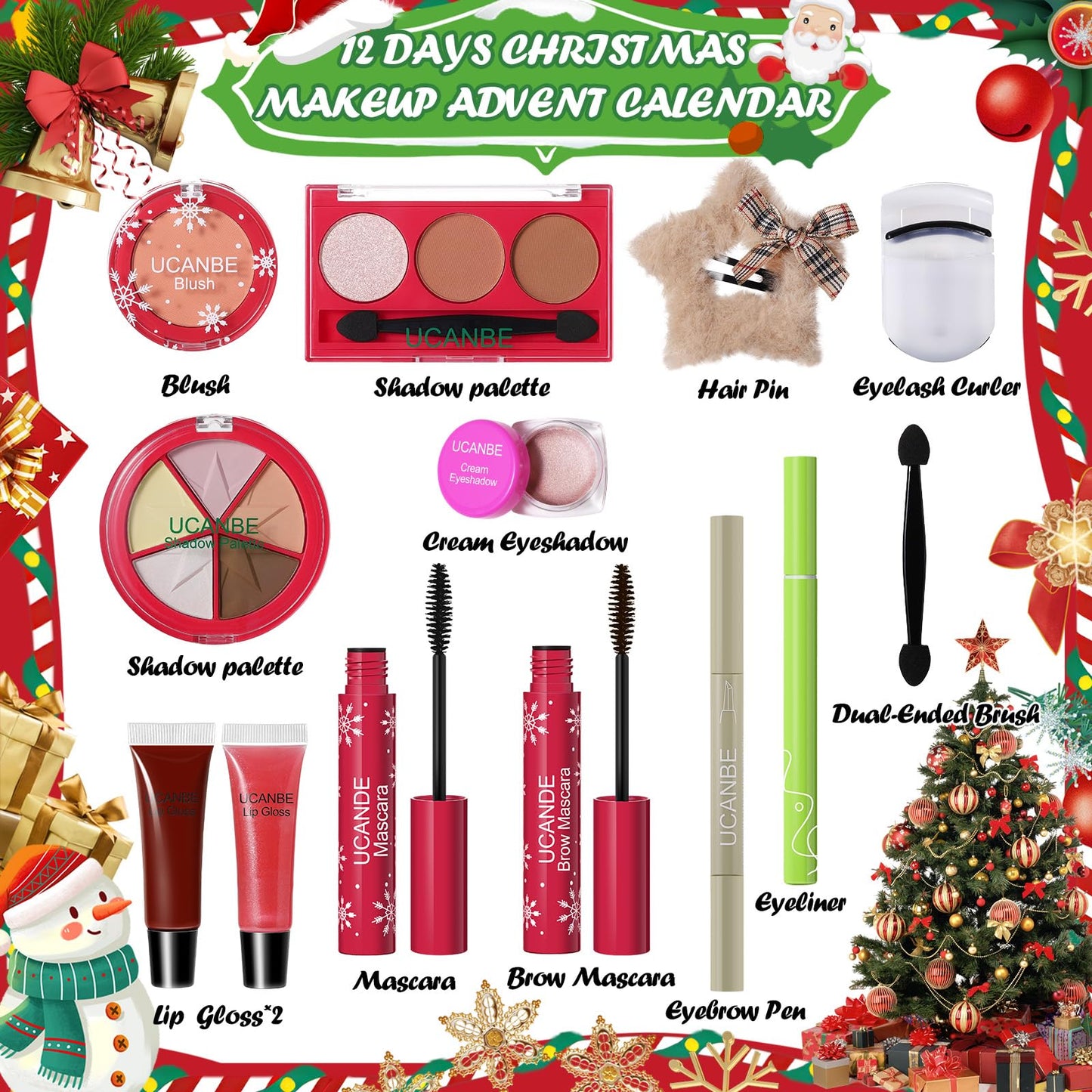 UCANBE Makeup Advent 2025, 12 Days Christmas Countdown Calendar Surprise Gift Kit, Festival Holiday Xmas Cosmetic Starter Makeup Set with 12 Beauty Boxes for Teens Girls Women