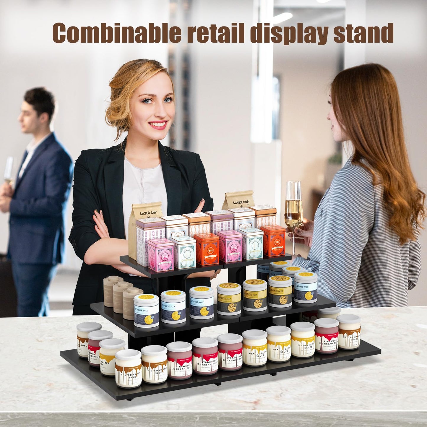 YadklDrnE 3 Tier Retail Table Display Stand for Vendors & Events - Portable PVC Riser Shelves for Farmers Market, Craft Shows, Cupcakes, Candles & Jewelry (Black)