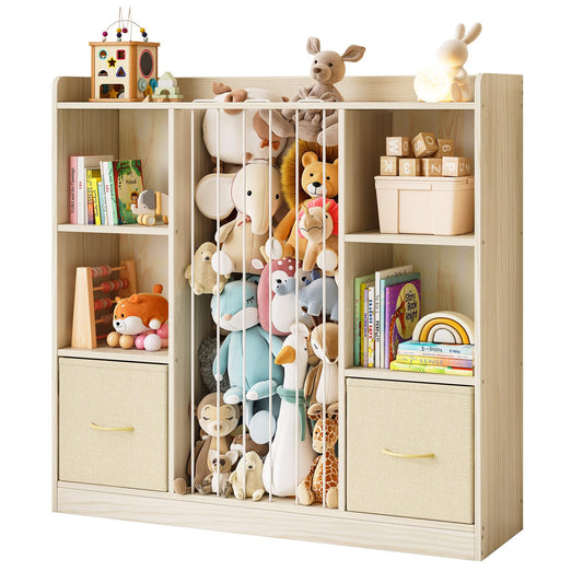 EXPERLAM 4-in-1 Toy Storage Organizer with Stuffed Animal Storage, Solid Pine Kids Bookshelf and Toy Shelf, 6 Cube Shelf with 2 Removable Drawers, Stuffed Animal Zoo for Kids Room, Playroom, Nursery