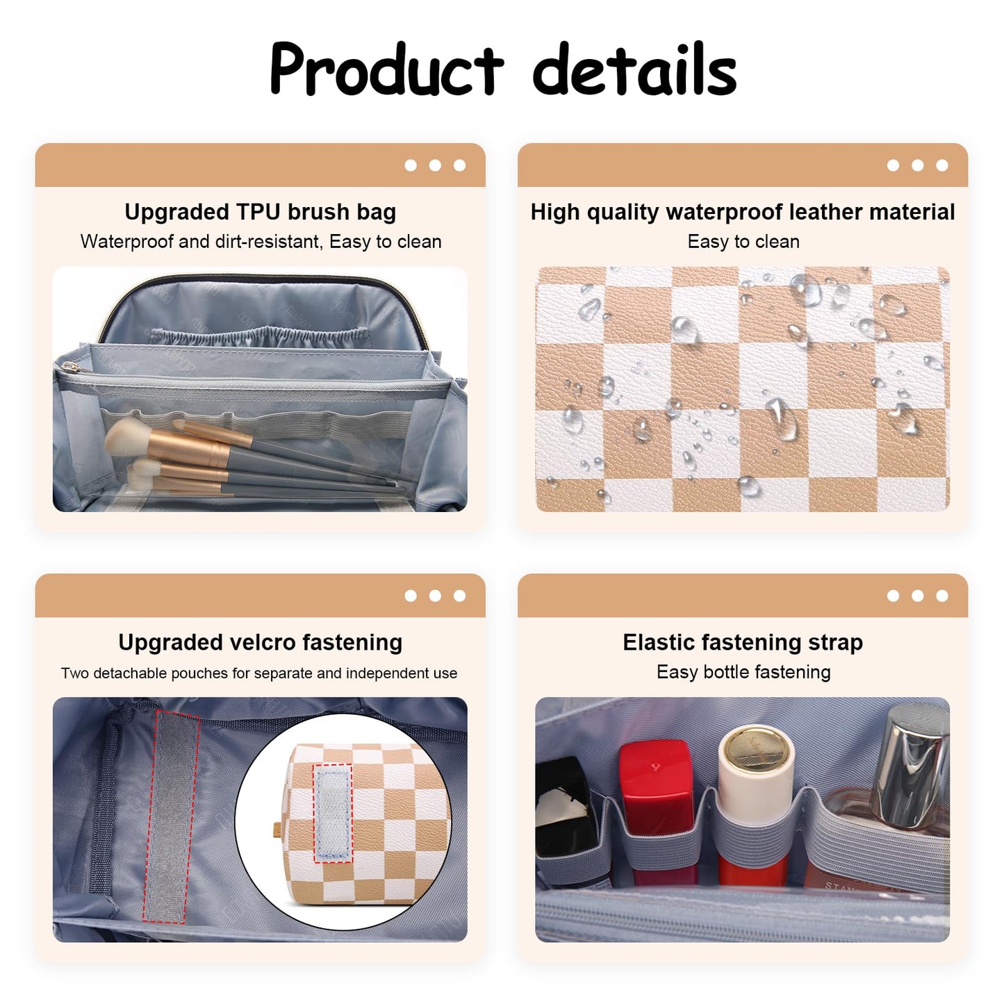 BOYATU Travel Makeup Bag Organizer Cosmetic Bag: 3 Pcs Set Make up Bags for Women with Handle - Waterproof Vegan Leather Toiletry Bag (01-G-Apricot)