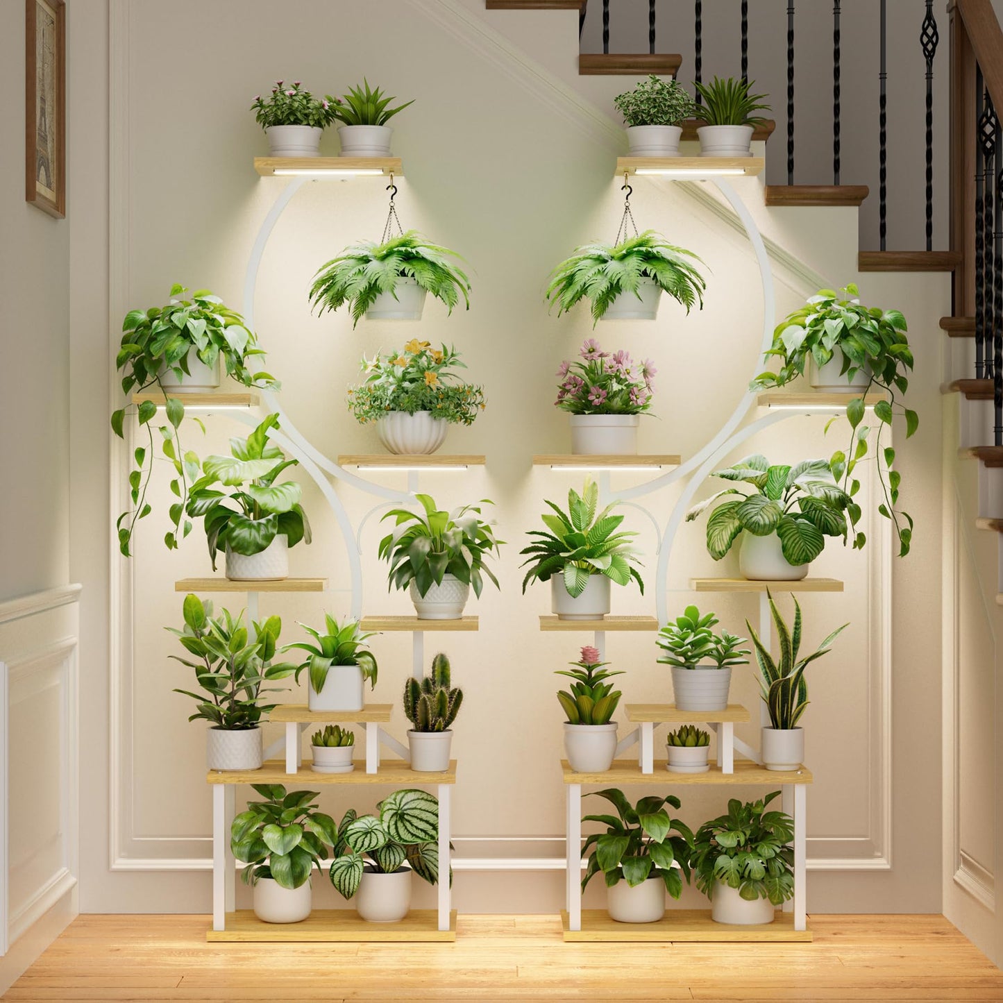 BACEKOLL Plant Stand Indoor with Grow Light - 2 Pack Tall Indoor Plant Shelf, 62" Corner Plant Holder, 8 Tiered Large S-Shape Flower Multiple Display Shelf for Home, White