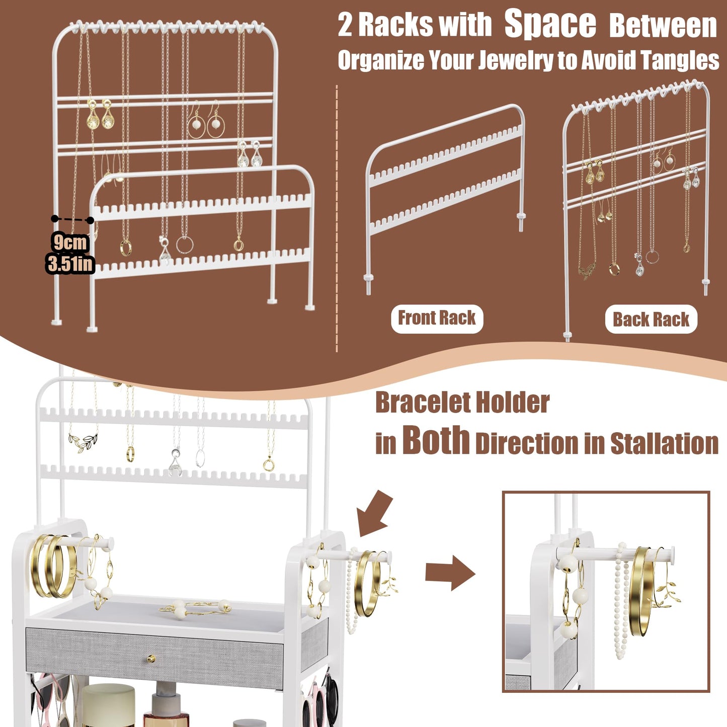 HMIEPRS Large Jewelry Organizer Stand with Box Drawer, Multifunctional Display Cases with Wheels, Armoire Jewelry Cabinet for Earring Necklace Ring Bracelet Makeup