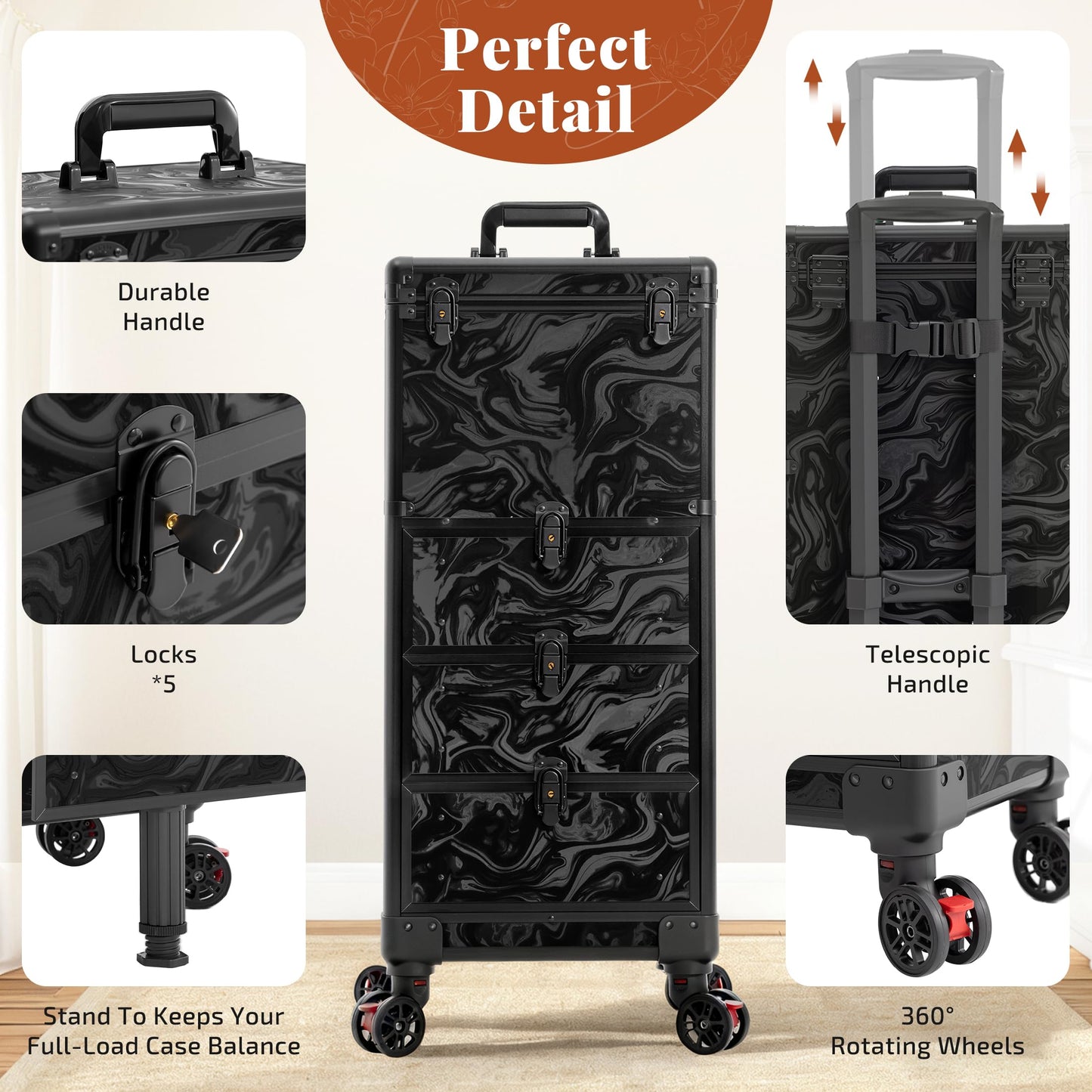 JINGUAN Rolling Makeup Train Case with 3 Drawers, Nail Trolley Cart Salon Station Cosmetology Case on Wheels Organizer Cases for Nail Tech,SPA,Face Painting,Hairstylist,Makeup Artist (Ink Black)
