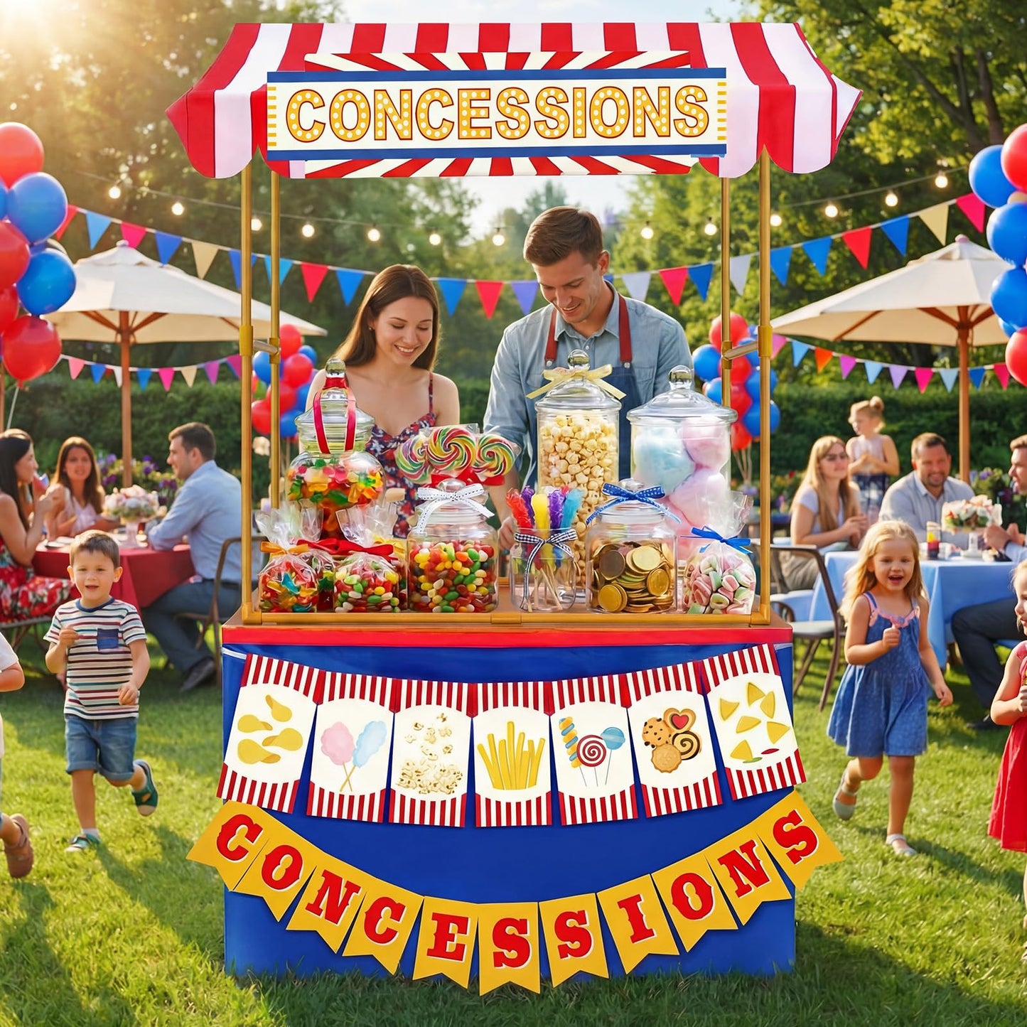 Tioncy 6 Pcs Concessions Stand Kits Hut Decor (Without Table) Include Shelf Banner Roof Pennant Table Skirt for Photo Props Outdoor Themed Party Decor (Desk Is Not Included)