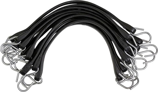 US Cargo Control 15 Inch Rubber Bungee Cords with S-Hooks (10-Pack), 23 Inch Stretch, Rubber Tarp Straps with Hooks for Flatbed Tarps, Trailers, Pickup Trucks, Tarps, Motorcycles, Canopies