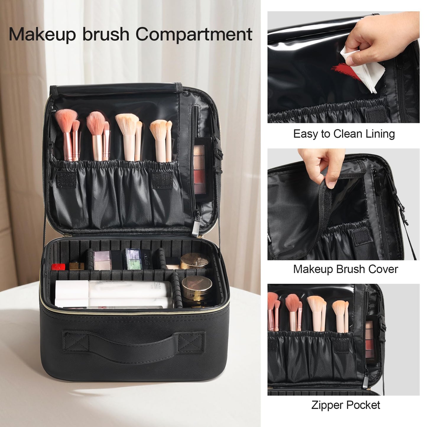 BEAUTY CASE Makeup Travel Case 10 Inch, Large Storage Capacity Makeup Organizer Travel Bag with Compartment, Portable Cosmetic Case for Women, Waterproof, Durable, Gift for Her, Black