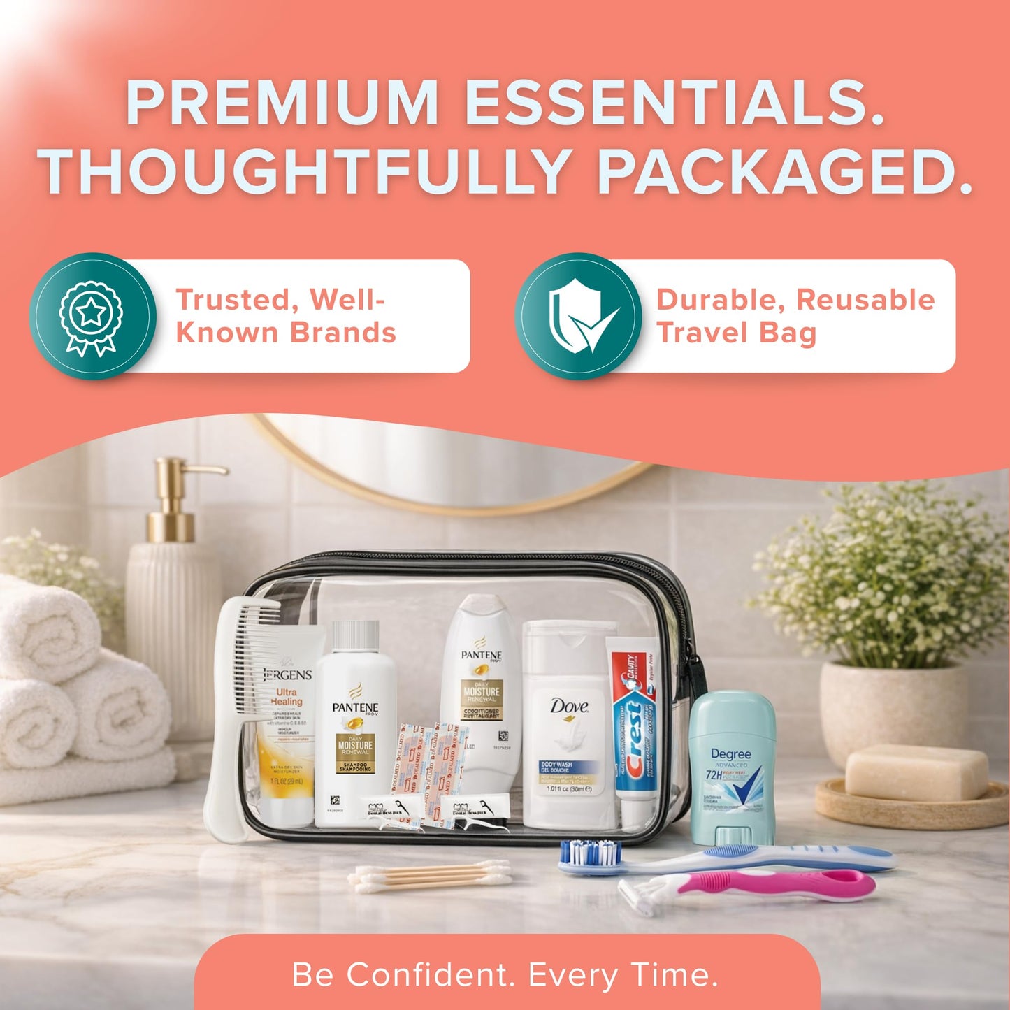 TrekTote 15-Piece Women’s Travel Toiletry Kit – Premium Brand-Name Shampoo, Conditioner, Body Wash, Deodorant & Toothpaste, TSA Approved Travel Size Set with Clear Bag