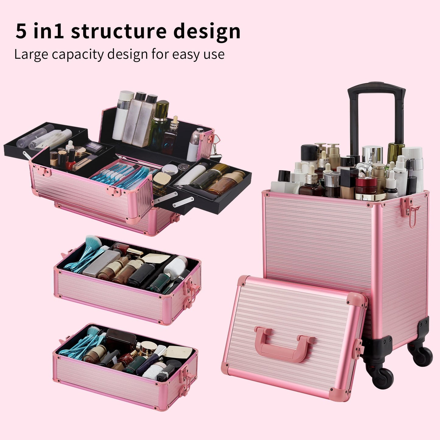 GALHUBIS Rolling Makeup Case, Makeup Train Case with Lid, 5 in 1 Cosmetology Case on Wheels, Christmas Gift, Large Makeup Case Organizers, Profesional Cosmetic Case for Salon Barber, Pink