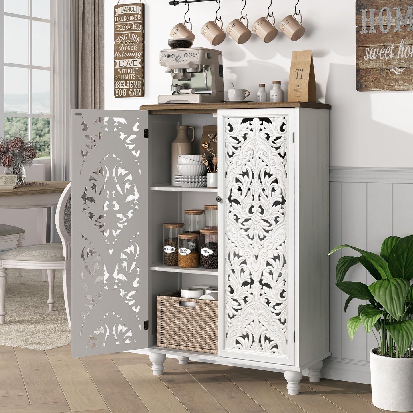 JOINICE 47" Tall Accent Cabinet with Carved Doors & Storage for Living Room,White Cabinet with Solid Wood Legs & 100lbs Capacity, Farmhouse/Rustic/Boho Style for Dining Room, Bedroom, Hallway, Study