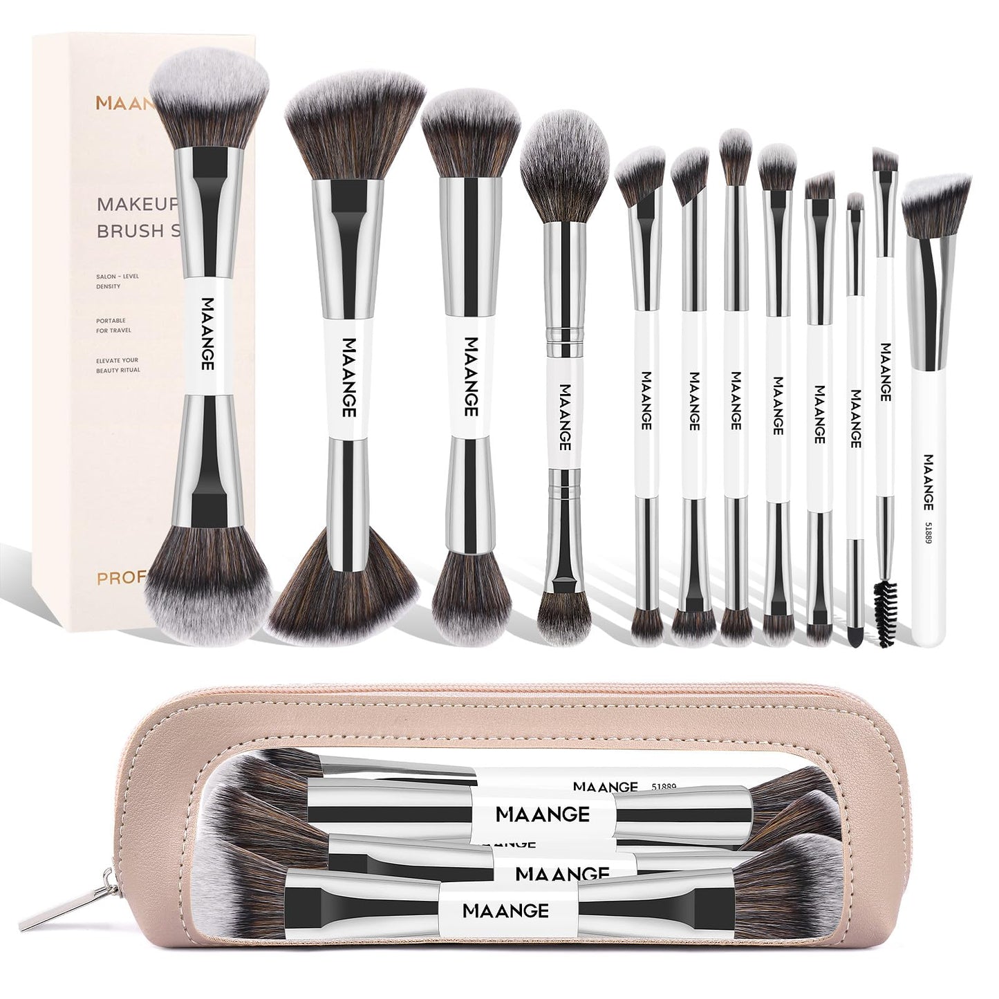 MAANGE Makeup Brush Set 23-In-12 Pcs Essential Foundation Makeup Brushes for Powder Concealers Eye Shadows Blush Make Up Brushes with Travel Makeup Case - Silver