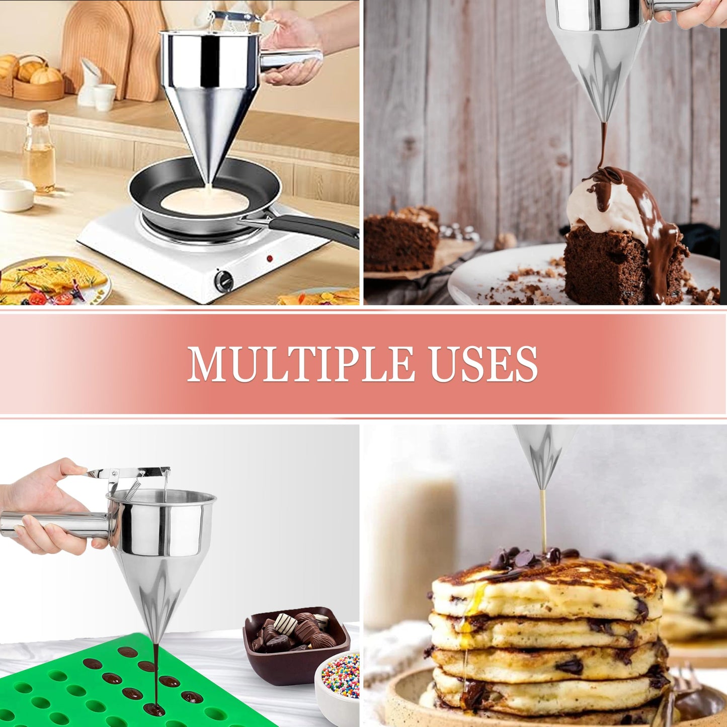 KOLIBROX Piston Funnel with Stand - Stainless Steel Confectionery Funnel for Batter Dispensing & Bakery Use - Precise Cake Decorating Tool - Perfect for Pouring Sauces, Chocolate & Fillings | Silver