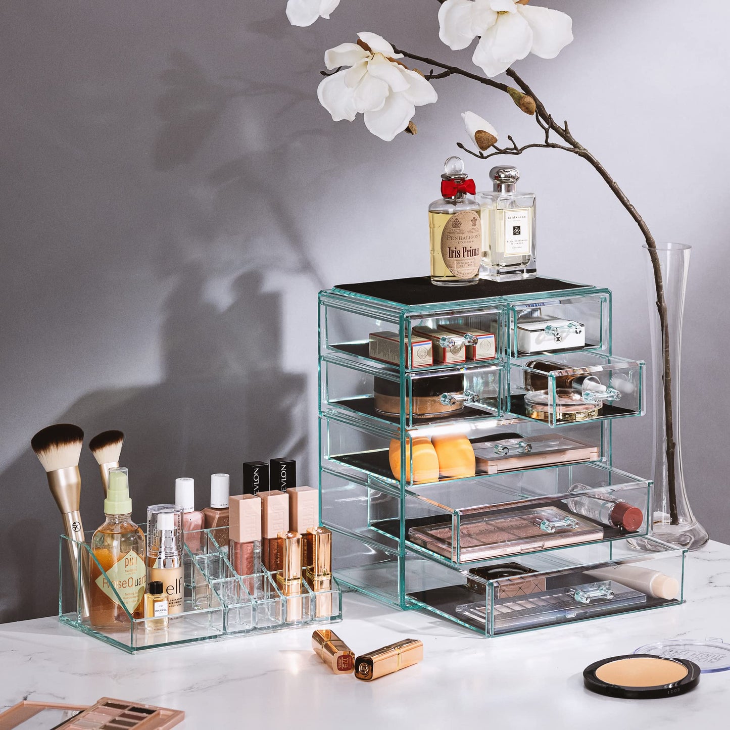 Sorbus Acrylic Makeup Organizer Set, 7-Drawer Vanity & Countertop Cosmetic Storage with Small & Wide Compartments, Teal Thrill Makeup Storage for Brushes, Jewelry – Holiday Gift for Women & Teens